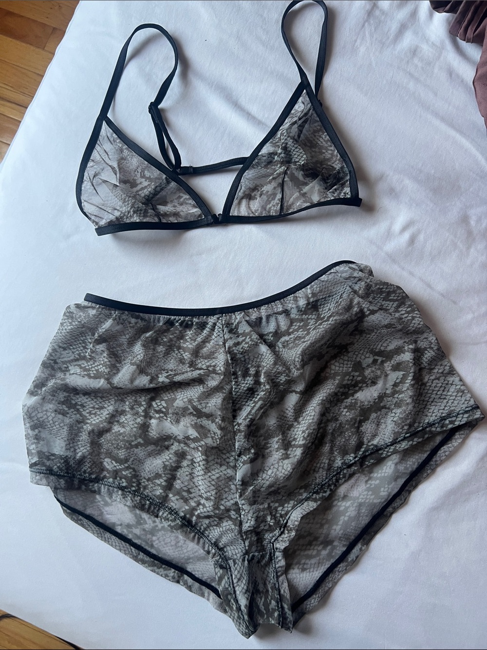 Blush Sheer Snake-Print Mesh Bralette & Shorts Set - Black and Gray